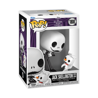 Funko Pop! & Buddy The Nightmare Before Christmas Jack Skellington vinyl figure standing next to ghost dog Zero on a clear stand.