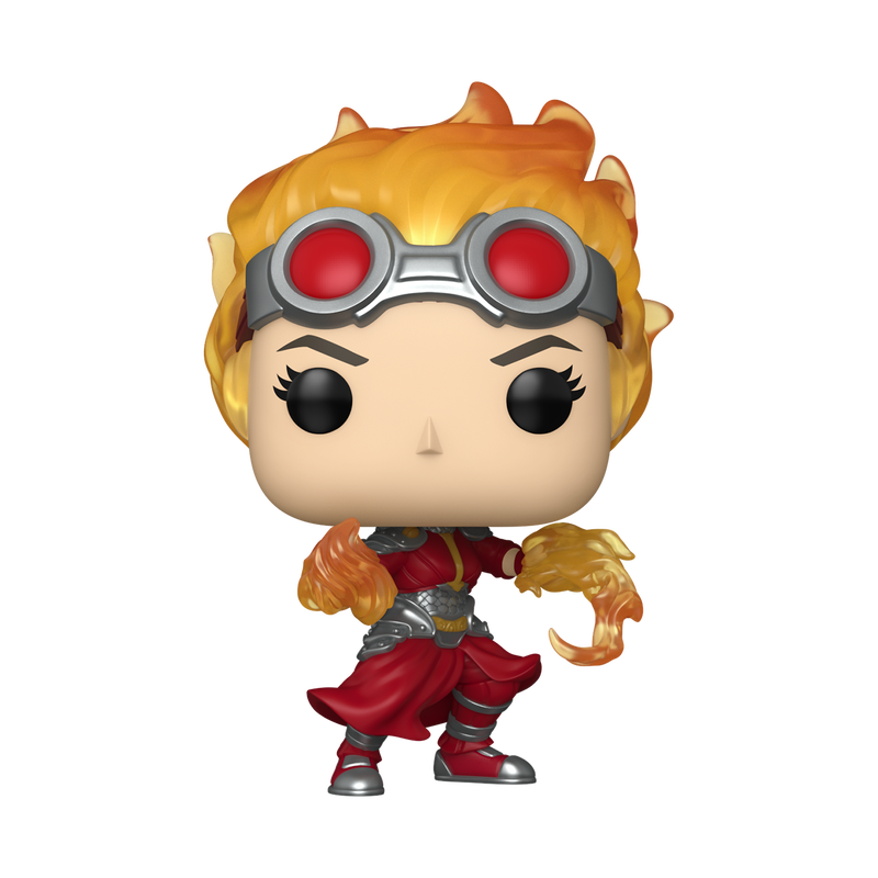 Funko Pop! Magic: The Gathering Chandra pyromancer vinyl figure featuring flaming hair, goggles, and fire-wielding hands