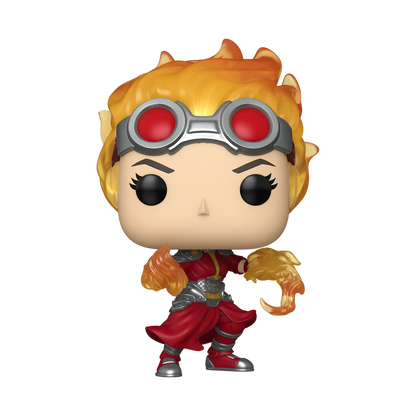 Funko Pop! Magic: The Gathering Chandra pyromancer vinyl figure featuring flaming hair, goggles, and fire-wielding hands