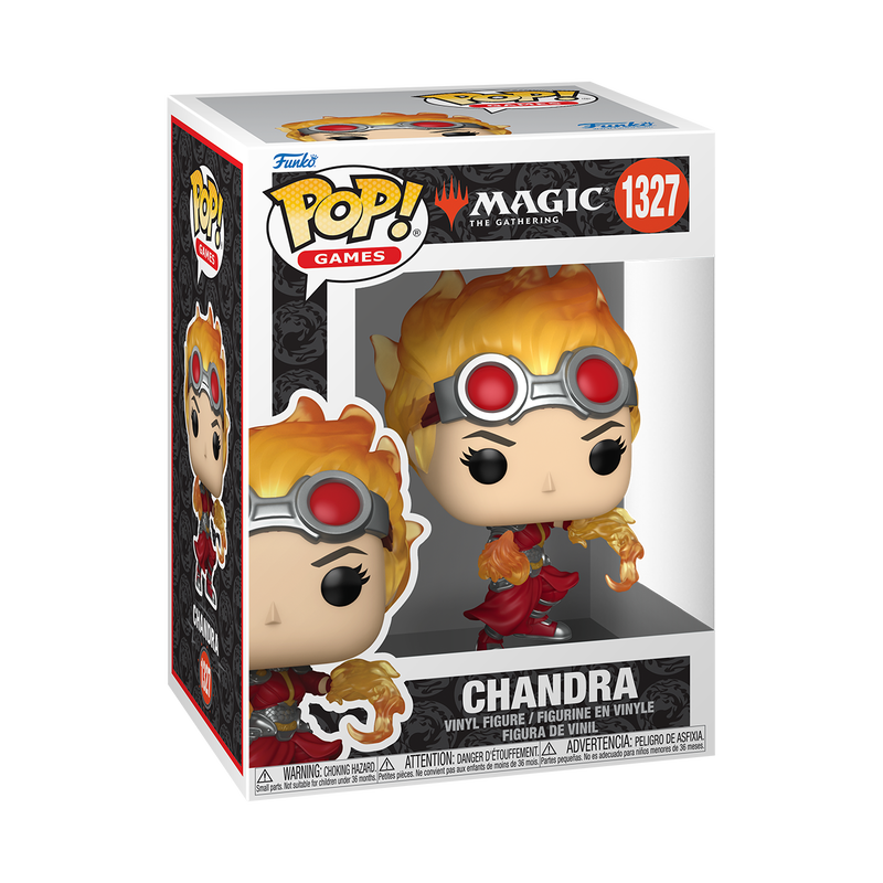 Funko Pop! Magic: The Gathering Chandra pyromancer vinyl figure featuring flaming hair, goggles, and fire-wielding hands