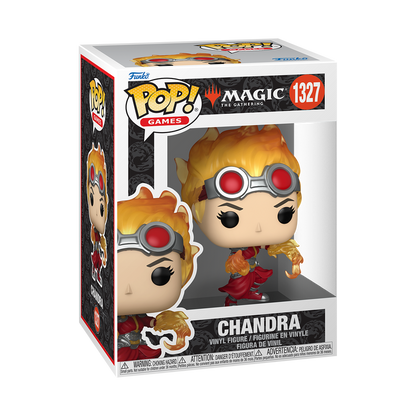 Funko Pop! Magic: The Gathering Chandra pyromancer vinyl figure featuring flaming hair, goggles, and fire-wielding hands
