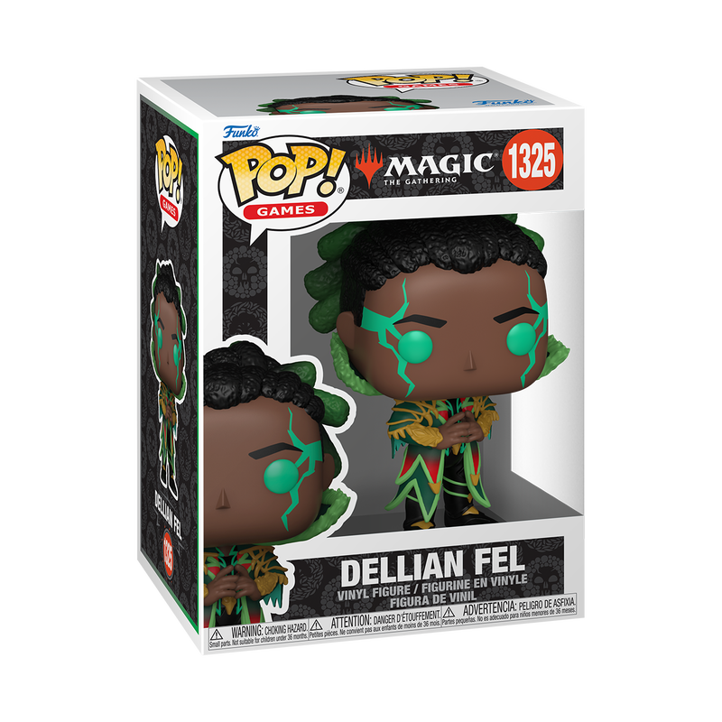 Funko Pop! Magic: The Gathering Dellian Fel vinyl figure featuring green facial markings and ornate spellcasting robes.
