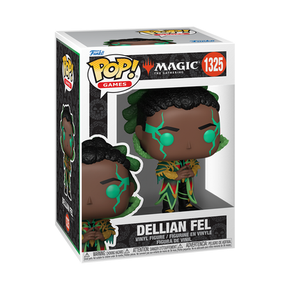 Funko Pop! Magic: The Gathering Dellian Fel vinyl figure featuring green facial markings and ornate spellcasting robes.
