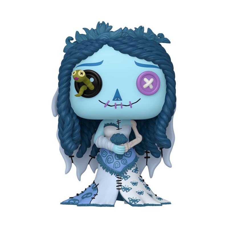Funko Pop! Corpse Bride Emily Patchwork vinyl figure featuring button eyes, yarn-styled hair, a worm companion, and a patched gown.