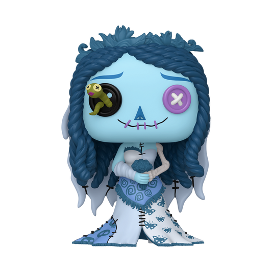 Funko Pop! Corpse Bride Emily Patchwork vinyl figure featuring button eyes, yarn-styled hair, a worm companion, and a patched gown.