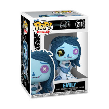 Funko Pop! Corpse Bride Emily Patchwork vinyl figure featuring button eyes, yarn-styled hair, a worm companion, and a patched gown.