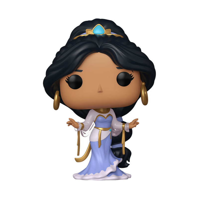 Funko Pop! Disney Jasmine vinyl figure wearing a flowing light blue and white gown with gold ribbons, large gold hoop earrings, and a jewel headpiece.