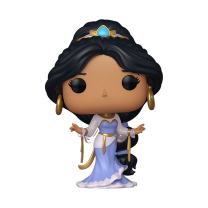 Funko Pop! Disney Jasmine vinyl figure wearing a flowing light blue and white gown with gold ribbons, large gold hoop earrings, and a jewel headpiece.