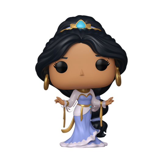 Funko Pop! Disney Jasmine vinyl figure wearing a flowing light blue and white gown with gold ribbons, large gold hoop earrings, and a jewel headpiece.