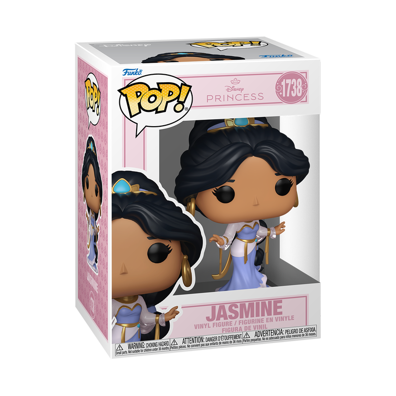 Funko Pop! Disney Jasmine vinyl figure wearing a flowing light blue and white gown with gold ribbons, large gold hoop earrings, and a jewel headpiece.