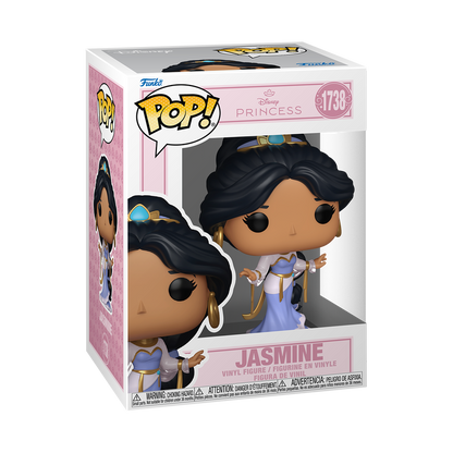 Funko Pop! Disney Jasmine vinyl figure wearing a flowing light blue and white gown with gold ribbons, large gold hoop earrings, and a jewel headpiece.