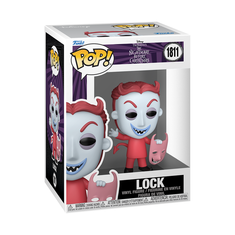 Funko Pop! The Nightmare Before Christmas Lock vinyl figure in a red devil outfit holding a grinning mask.