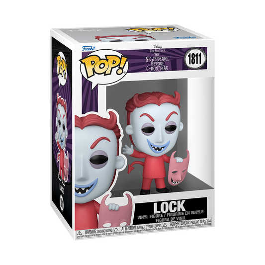 Funko Pop! The Nightmare Before Christmas Lock vinyl figure in a red devil outfit holding a grinning mask.