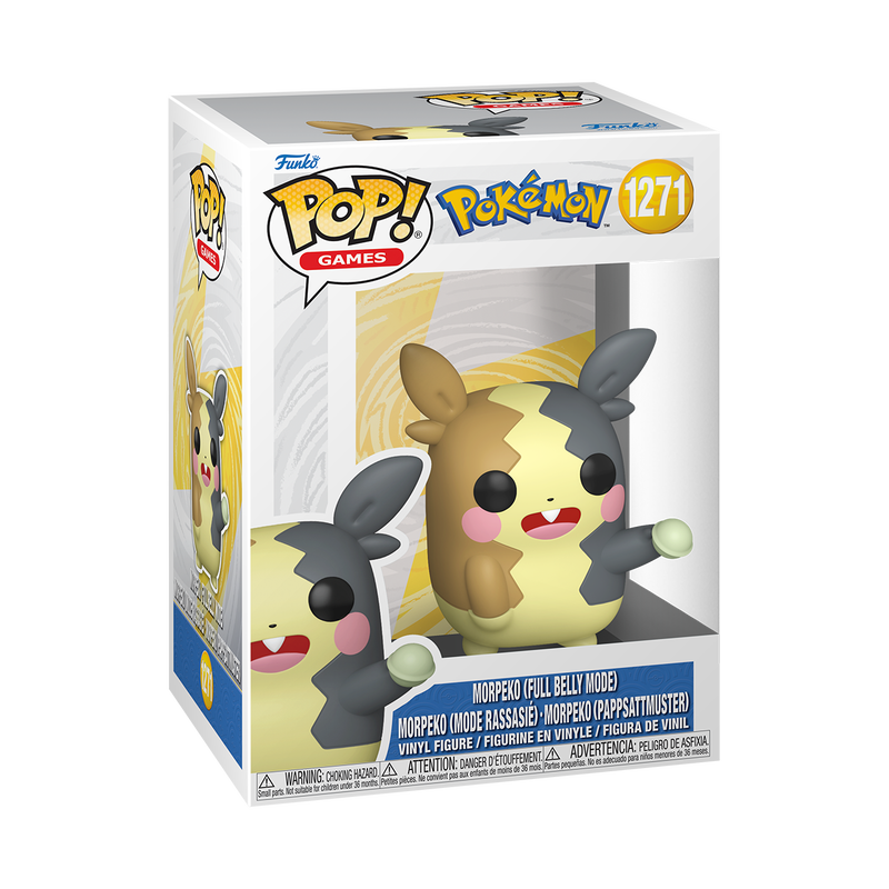 Funko Pop! Pokémon Morpeko Full Belly Mode vinyl figure featuring a two-toned yellow and brown coat with pink cheeks waving hello