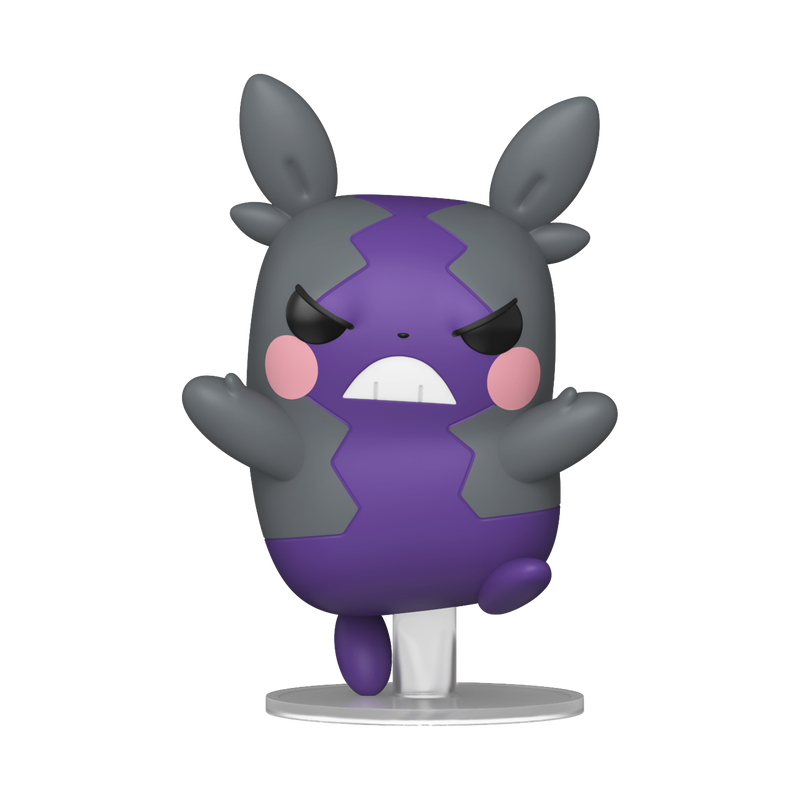 Funko Pop! Pokémon Morpeko Hangry Mode vinyl figure in purple and dark grey leaping mid-air on a clear stand.