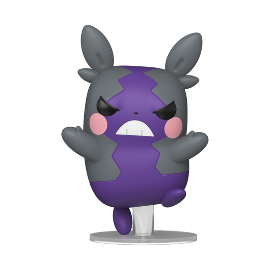 Funko Pop! Pokémon Morpeko Hangry Mode vinyl figure in purple and dark grey leaping mid-air on a clear stand.