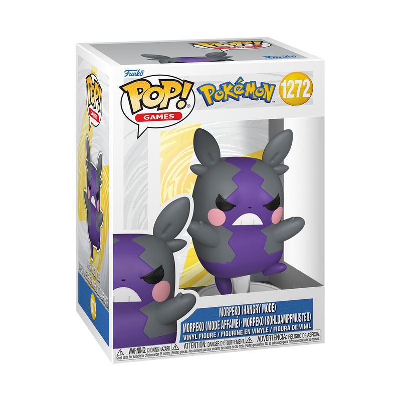 Funko Pop! Pokémon Morpeko Hangry Mode vinyl figure in purple and dark grey leaping mid-air on a clear stand.
