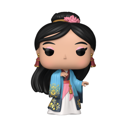 Funko Pop! Disney Mulan vinyl figure wearing a flowing blue, white, and pink gown with gold accents, red tassel earrings, and a pink flower in her hair.