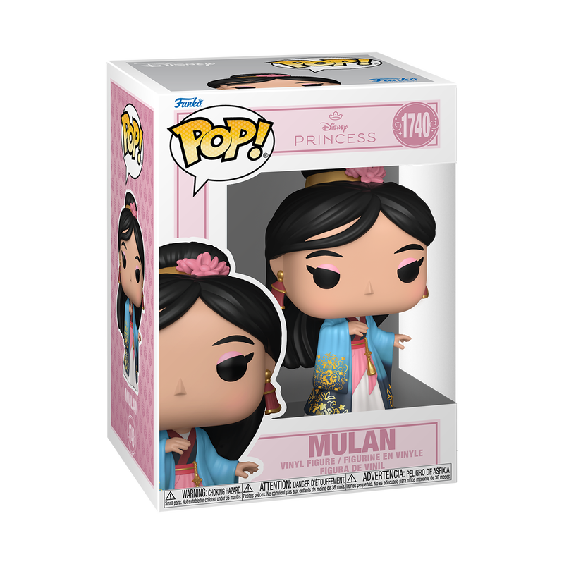 Funko Pop! Disney Mulan vinyl figure wearing a flowing blue, white, and pink gown with gold accents, red tassel earrings, and a pink flower in her hair.