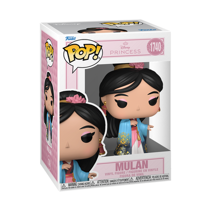 Funko Pop! Disney Mulan vinyl figure wearing a flowing blue, white, and pink gown with gold accents, red tassel earrings, and a pink flower in her hair.