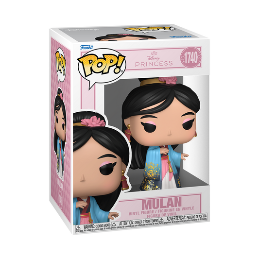 Funko Pop! Disney Mulan vinyl figure wearing a flowing blue, white, and pink gown with gold accents, red tassel earrings, and a pink flower in her hair.