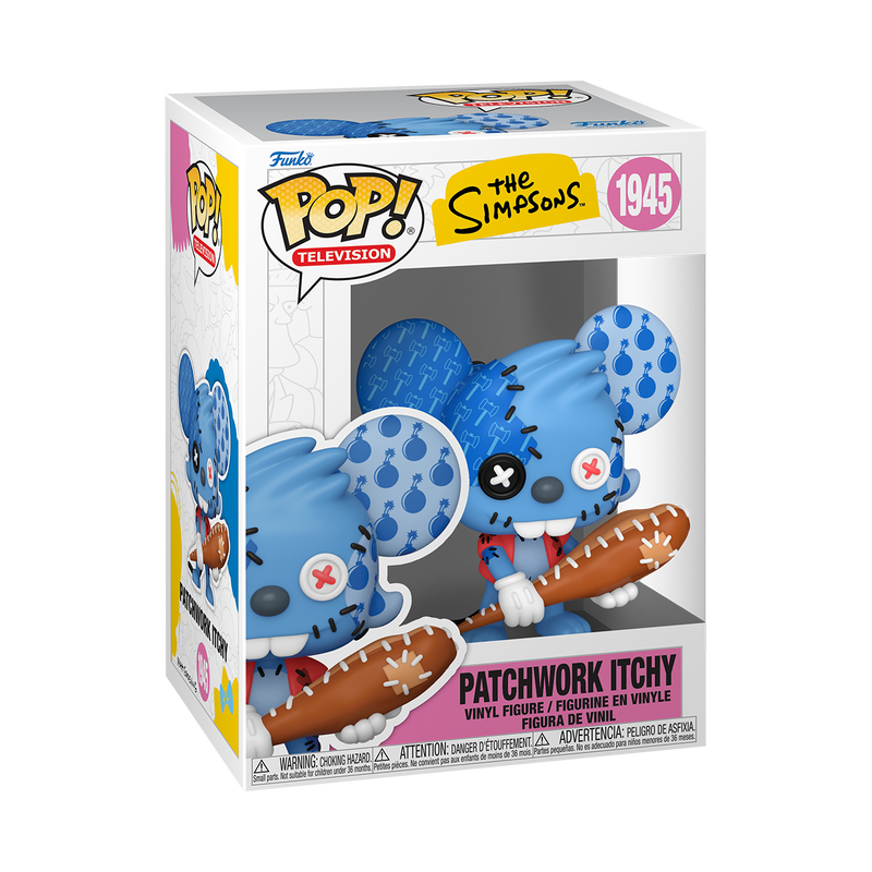 Funko Pop! The Simpsons Patchwork Itchy vinyl figure featuring stitched blue detailing, button eyes, and a club.