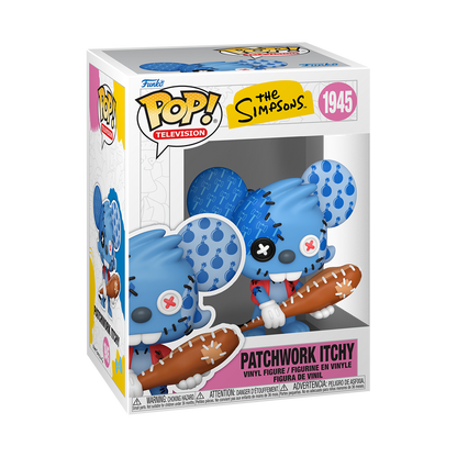 Funko Pop! The Simpsons Patchwork Itchy vinyl figure featuring stitched blue detailing, button eyes, and a club.