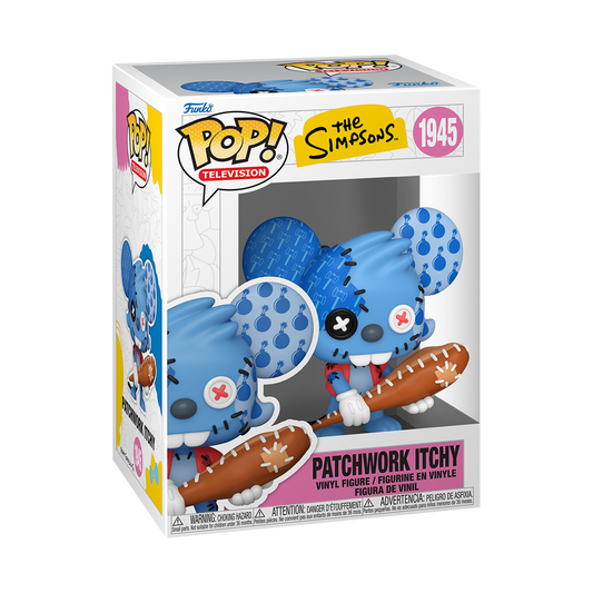 Funko Pop! The Simpsons Patchwork Itchy vinyl figure featuring stitched blue detailing, button eyes, and a club.