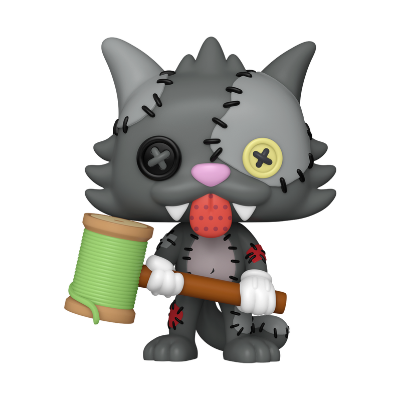 Funko Pop! The Simpsons Patchwork Scratchy vinyl figure with stitched grey fur, button eyes, and a thread spool mallet.
