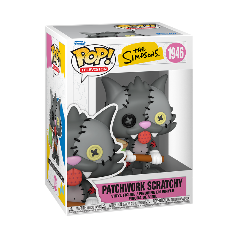 Funko Pop! The Simpsons Patchwork Scratchy vinyl figure with stitched grey fur, button eyes, and a thread spool mallet.