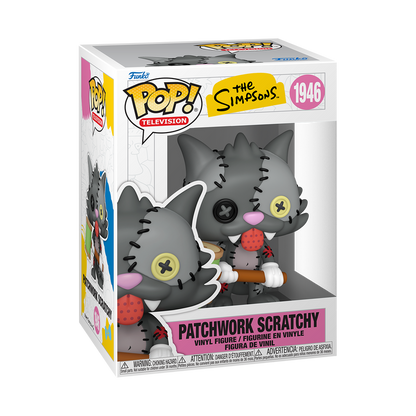 Funko Pop! The Simpsons Patchwork Scratchy vinyl figure with stitched grey fur, button eyes, and a thread spool mallet.
