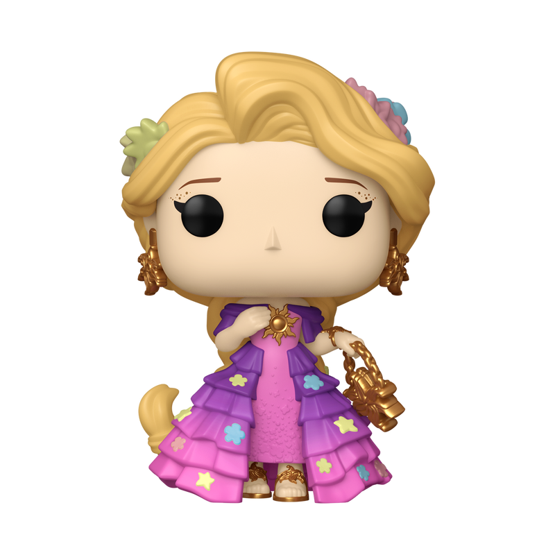 Funko Pop! Disney Rapunzel vinyl figure wearing a pink and purple floral tiered gown, gold earrings, and carrying a gold handbag.