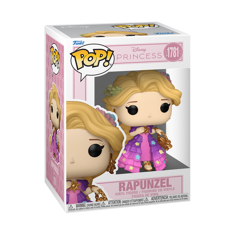Funko Pop! Disney Rapunzel vinyl figure wearing a pink and purple floral tiered gown, gold earrings, and carrying a gold handbag.