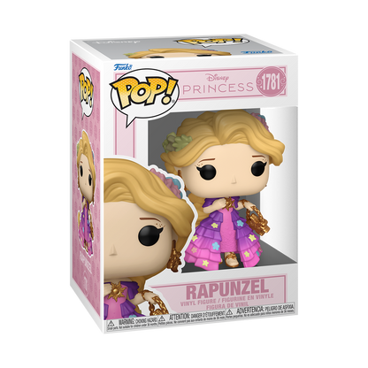 Funko Pop! Disney Rapunzel vinyl figure wearing a pink and purple floral tiered gown, gold earrings, and carrying a gold handbag.