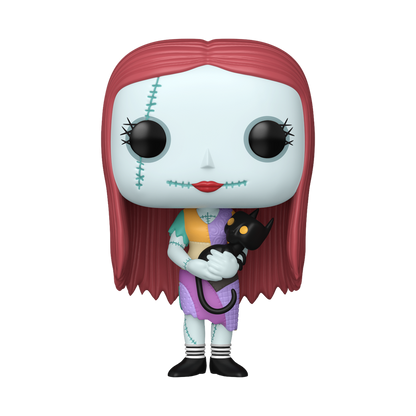 Funko Pop! The Nightmare Before Christmas Sally vinyl figure in a patchwork dress cradling a black cat.