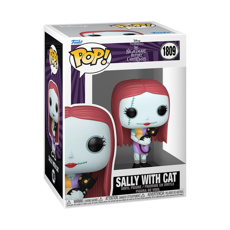 Funko Pop! The Nightmare Before Christmas Sally vinyl figure in a patchwork dress cradling a black cat.