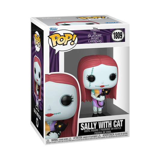 Funko Pop! The Nightmare Before Christmas Sally vinyl figure in a patchwork dress cradling a black cat.