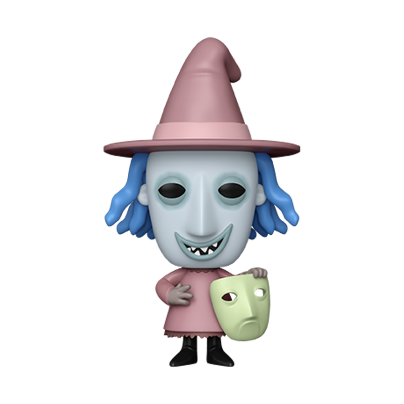 Funko Pop! The Nightmare Before Christmas Shock vinyl figure wearing a pink witch hat and holding a pale green mask.
