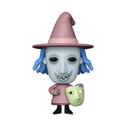 Funko Pop! The Nightmare Before Christmas Shock vinyl figure wearing a pink witch hat and holding a pale green mask.