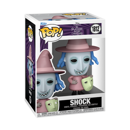 Funko Pop! The Nightmare Before Christmas Shock vinyl figure wearing a pink witch hat and holding a pale green mask.