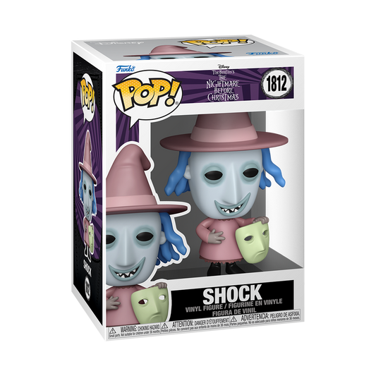 Funko Pop! The Nightmare Before Christmas Shock vinyl figure wearing a pink witch hat and holding a pale green mask.