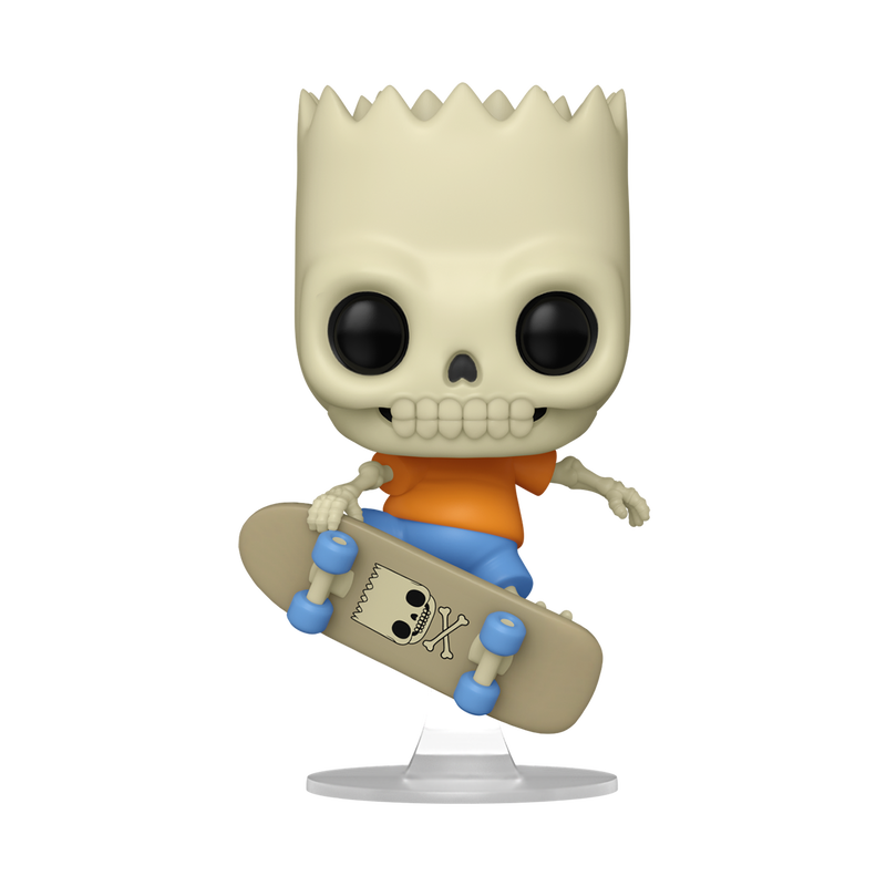 Funko Pop! The Simpsons Skeleton Bart vinyl figure mid-air on a skateboard with a clear display stand.