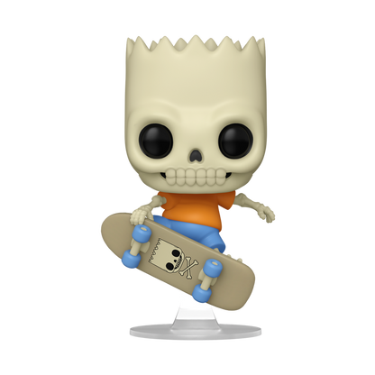 Funko Pop! The Simpsons Skeleton Bart vinyl figure mid-air on a skateboard with a clear display stand.
