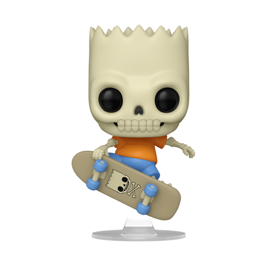 Funko Pop! The Simpsons Skeleton Bart vinyl figure mid-air on a skateboard with a clear display stand.