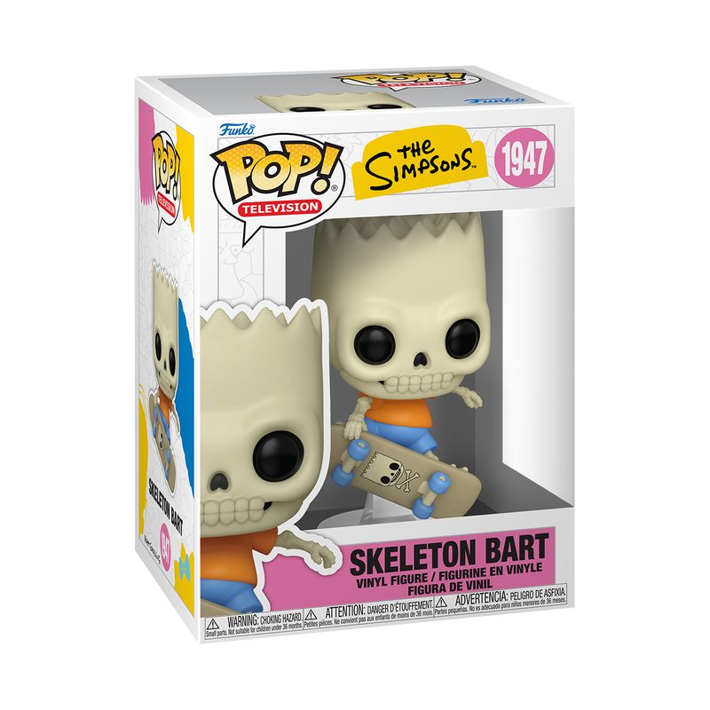 Funko Pop! The Simpsons Skeleton Bart vinyl figure mid-air on a skateboard with a clear display stand.