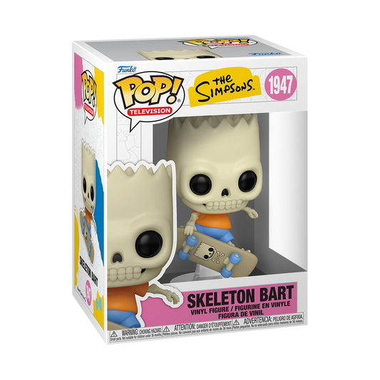 Funko Pop! The Simpsons Skeleton Bart vinyl figure mid-air on a skateboard with a clear display stand.