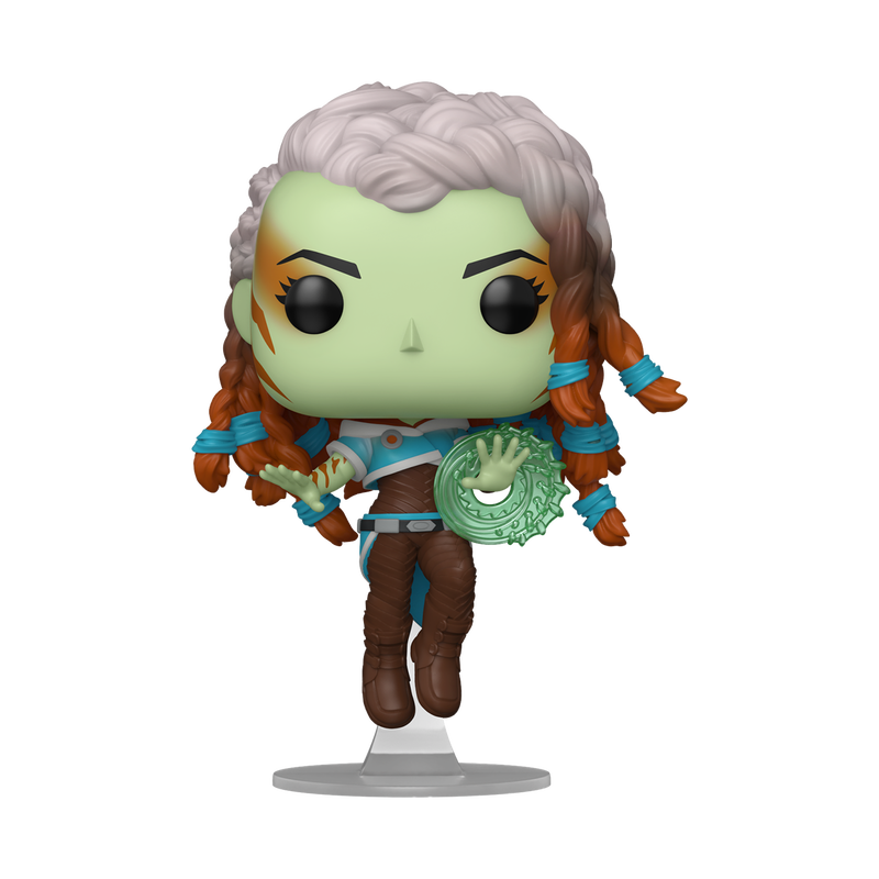 Funko Pop! Magic: The Gathering Tam Gorgon Wizard vinyl figure hovering on a stand while conjuring a green spell.