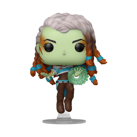 Funko Pop! Magic: The Gathering Tam Gorgon Wizard vinyl figure hovering on a stand while conjuring a green spell.