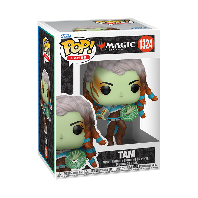 Funko Pop! Magic: The Gathering Tam Gorgon Wizard vinyl figure hovering on a stand while conjuring a green spell.