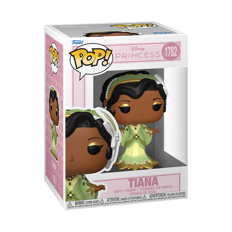 Funko Pop! Disney Tiana vinyl figure wearing a green and gold lily pad-inspired gown, gold jewelry, and a floral headpiece.